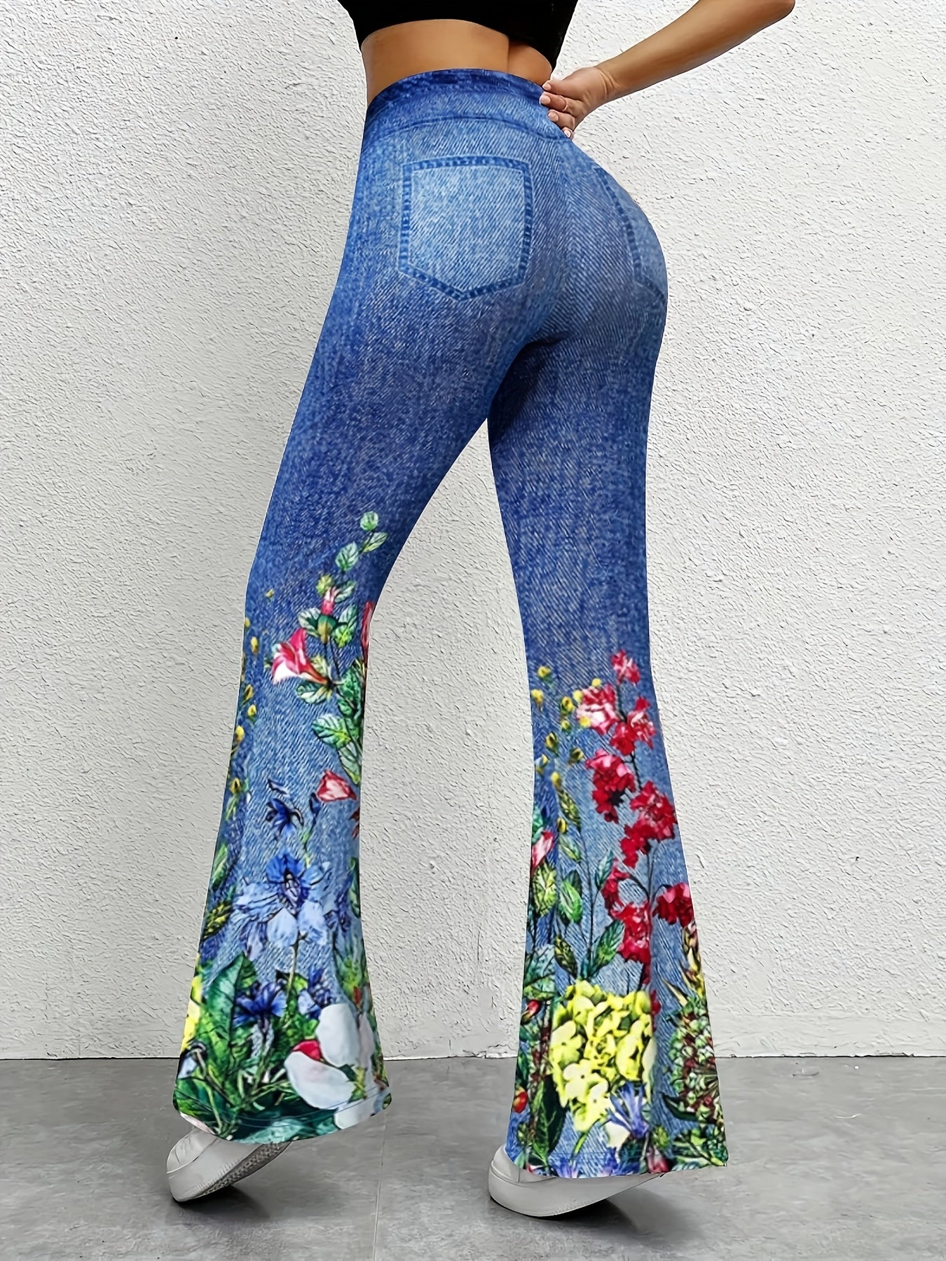 1pc Women'S Floral Print Flare Leg Faux Denim, Polyester Knit Fabric, All-Season Adult Bell Bottoms
